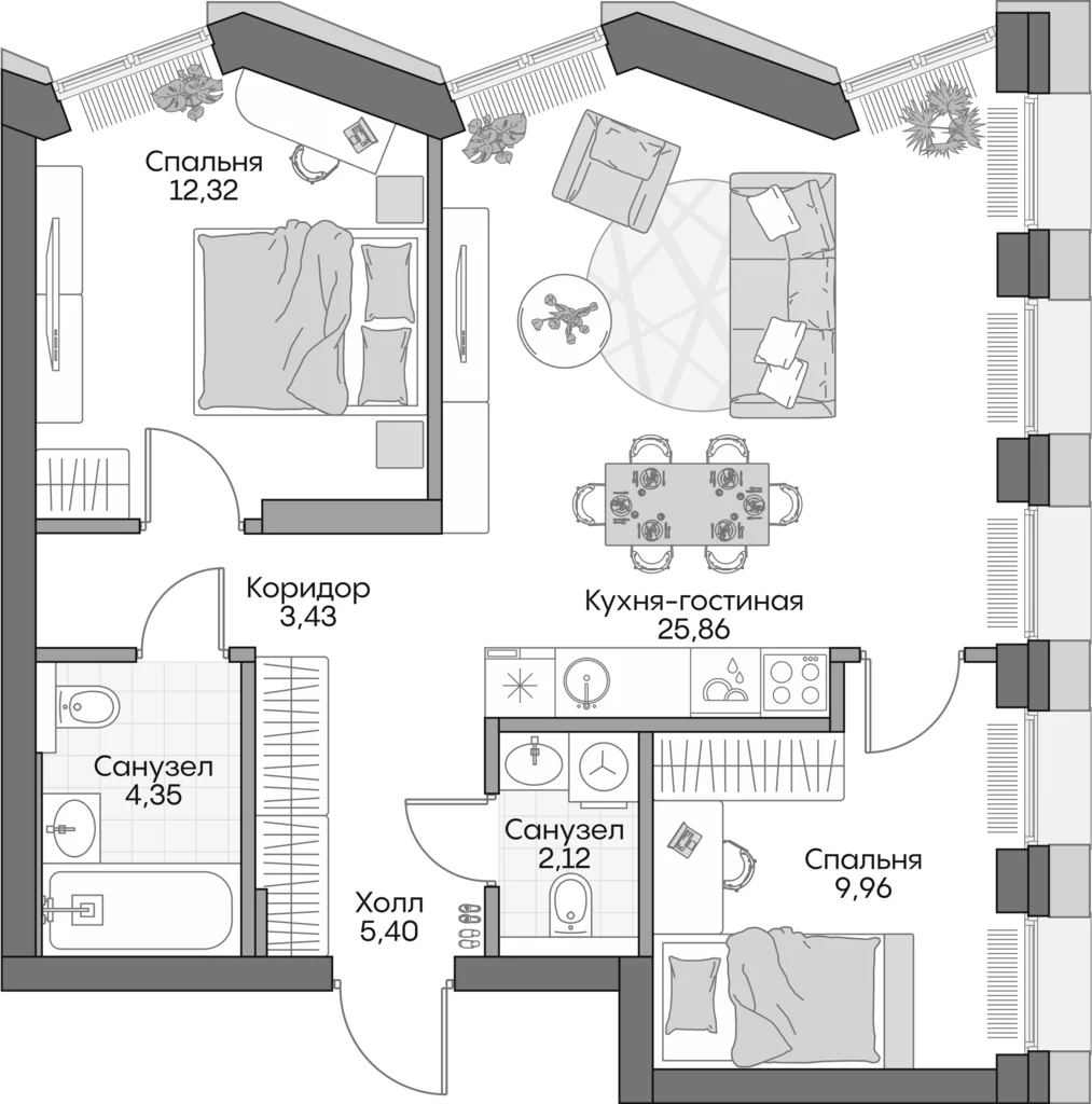 Планировка: Евротрёшка 61,1 м² в ЖК «Инсайдер»