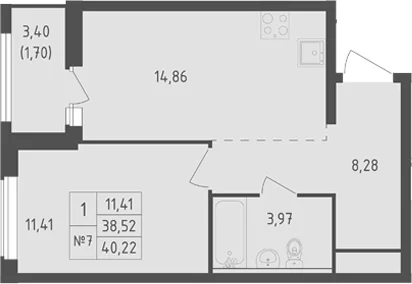 Планировка: 1-комнатная квартира 38,5 м² в ЖК «Южная Нева»