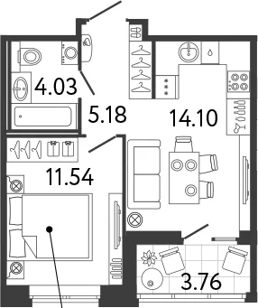 Планировка: 1-комнатная квартира 34,9 м² в ЖК «Ultra City 3.0»