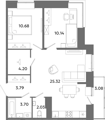 Планировка: Евротрёшка 59,9 м² в ЖК «Загляденье»