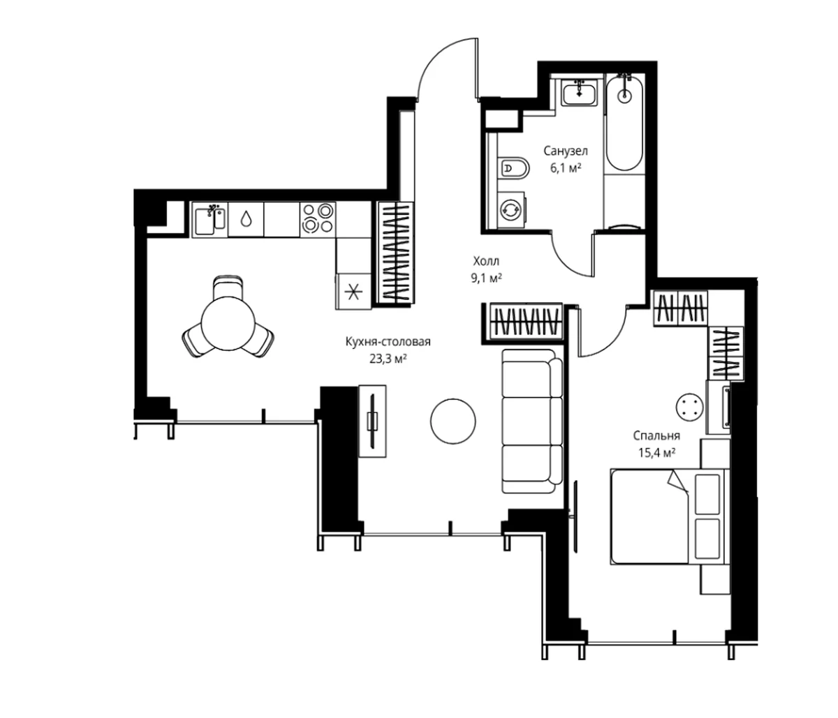Планировка: Евродвушка 53,9 м² в ЖК «Веер»