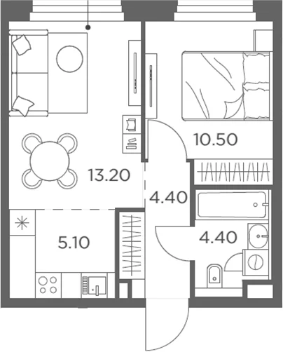 Планировка: Евродвушка 37,6 м² в ЖК «Белый Град»
