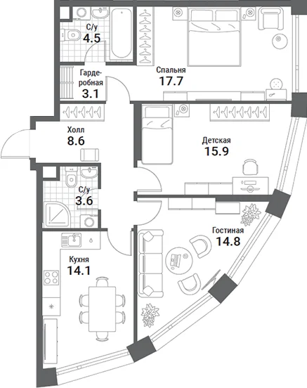 Планировка: 3-комнатная квартира 82,3 м² в ЖК «Нагатино Ай-Лэнд»