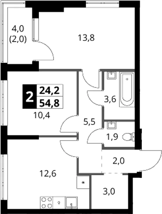 Планировка: 2-комнатная квартира 52,8 м² в ЖК «1-й Ясеневский»