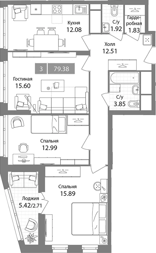 Планировка: 3-комнатная квартира 76,7 м² в ЖК «Планерный квартал»