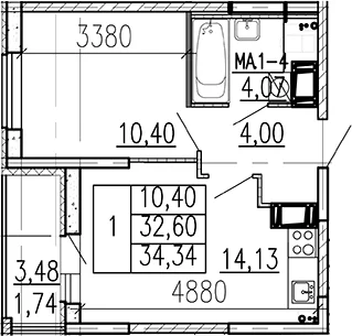 Планировка: 1-комнатная квартира 32,6 м² в ЖК «Высота. Бугры»
