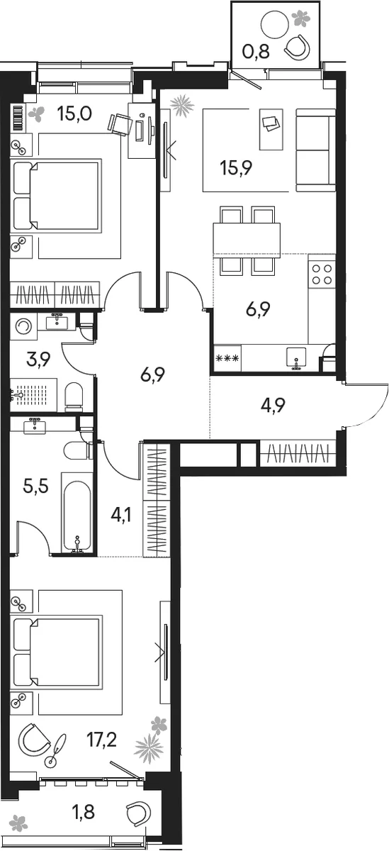 Планировка: Евротрёшка 80,3 м² в ЖК «Клубный город на реке Примавера»