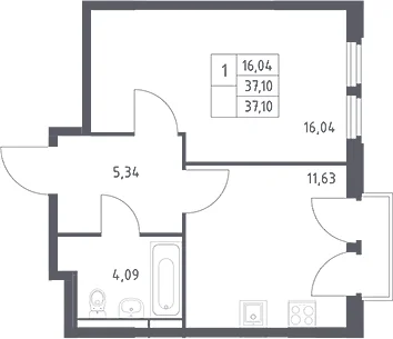 Планировка: 1-комнатная квартира 37,1 м² в ЖК «Космический Квартал»
