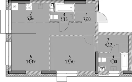 Планировка: Евродвушка 51,7 м² в ЖК «N'ICE LOFT»