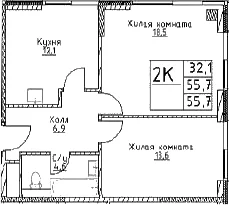 Планировка: 2-комнатная квартира 55,7 м² в ЖК «Наметкин Тауэр»