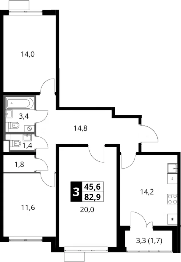 Планировка: 3-комнатная квартира 81,2 м² в ЖК «Южная Битца»