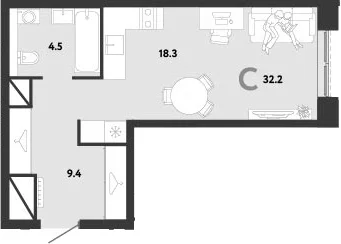 Планировка: Студия 32,2 м² в ЖК «Страна.Заречная»
