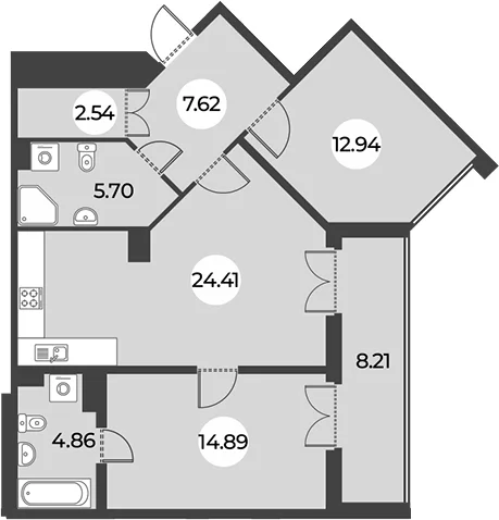 Планировка: Евротрёшка 70,4 м² в ЖК «Огни Залива»