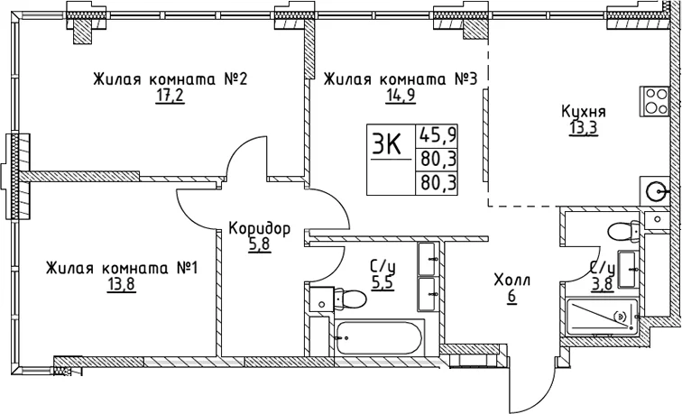 Планировка: 3-комнатная квартира 80,3 м² в ЖК «ВЭРИ на Миклухо-Маклая»
