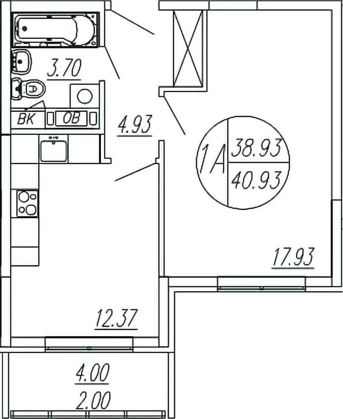 Планировка: 1-комнатная квартира 38,9 м² в ЖК «Шолохово»