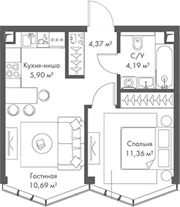 Планировка: Евродвушка 36,5 м² в ЖК «МИРА»