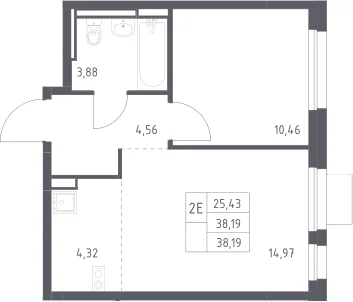 Планировка: Евродвушка 38,2 м² в ЖК «Прибрежный Парк»