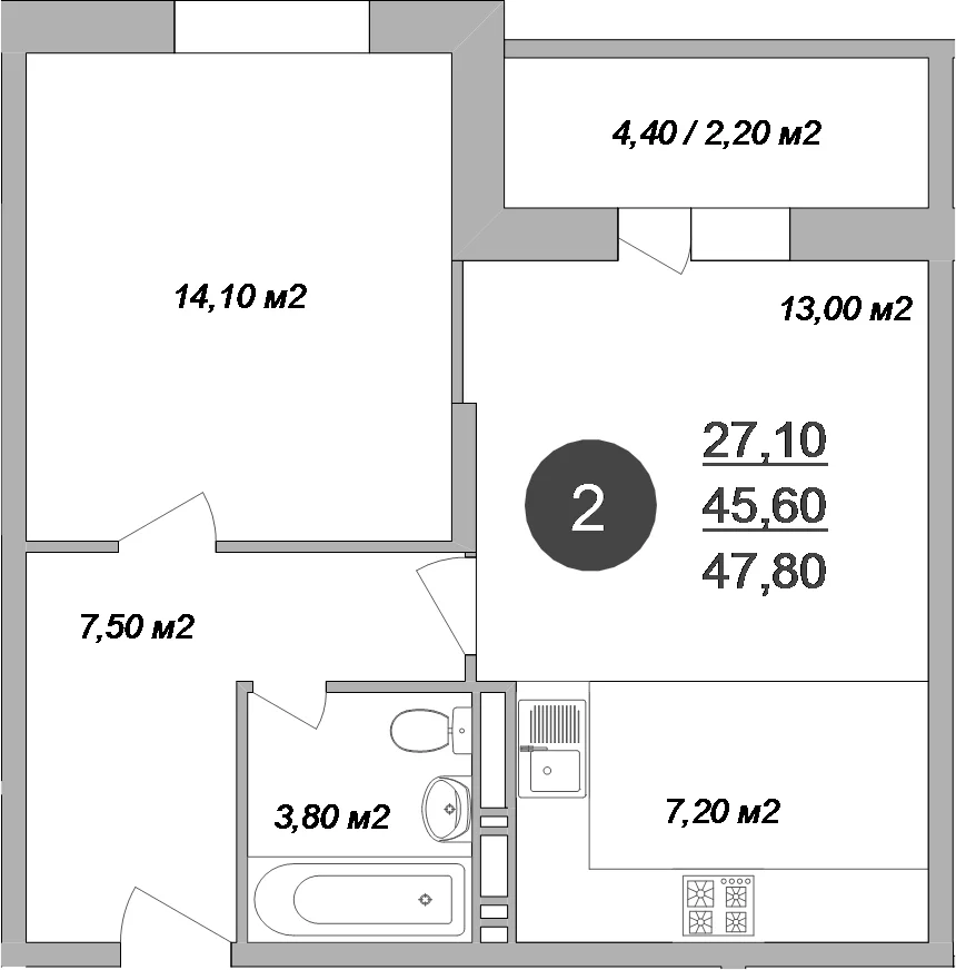 Планировка: Евродвушка 45,6 м² в ЖК «Новые Островцы»