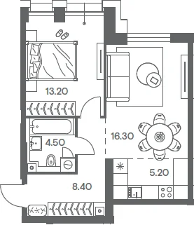 Планировка: Евродвушка 47,6 м² в ЖК «Инджой»