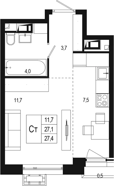Планировка: Студия 27,1 м² в ЖК «Новая Щербинка»