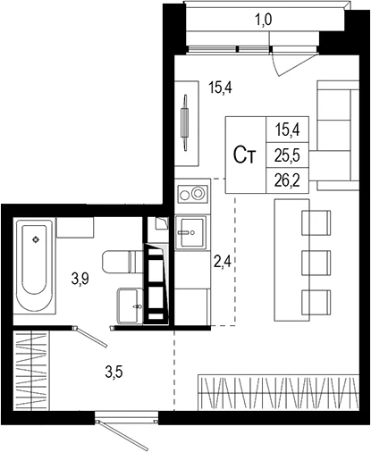 Планировка: Студия 25,5 м² в ЖК «Новая Щербинка»