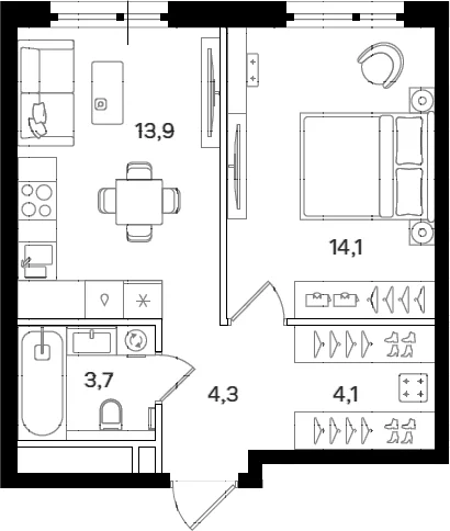 Планировка: 1-комнатная квартира 40,1 м² в ЖК «Мангазея на Речном»