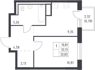 Планировка: 1-комнатная квартира 32,1 м² в ЖК «Квартал Лаголово»