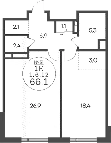 Планировка: Евродвушка 66,1 м² в ЖК «Клубный квартал КРЫЛАТСКАЯ 33»