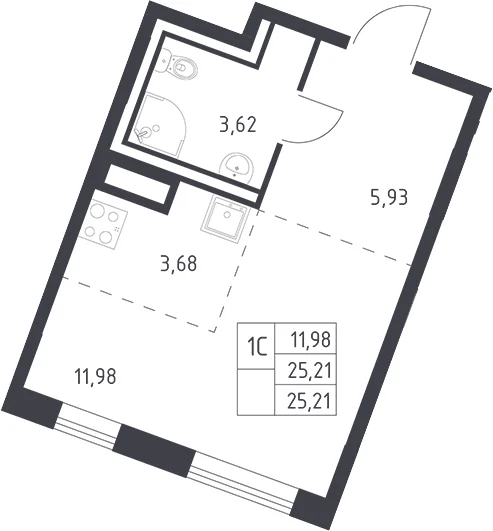 Планировка: Студия 25,2 м² в ЖК «Квартал Лаголово»