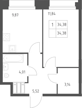 Планировка: 1-комнатная квартира 34,4 м² в ЖК «Тропарево Парк»