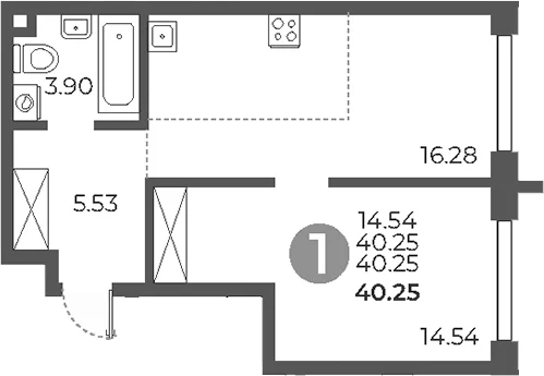 Планировка: 1-комнатная квартира 40,3 м² в ЖК «Дубровка от Гранель»