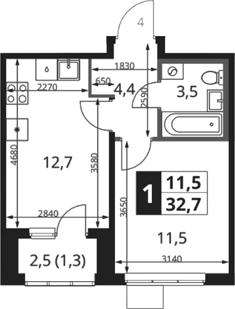 Планировка: Евродвушка 31,4 м² в ЖК «1-й Ясеневский»