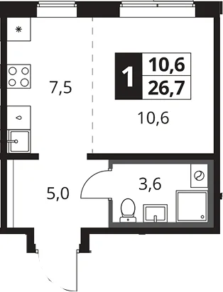 Планировка: Студия 26,7 м² в ЖК «1-й Южный»