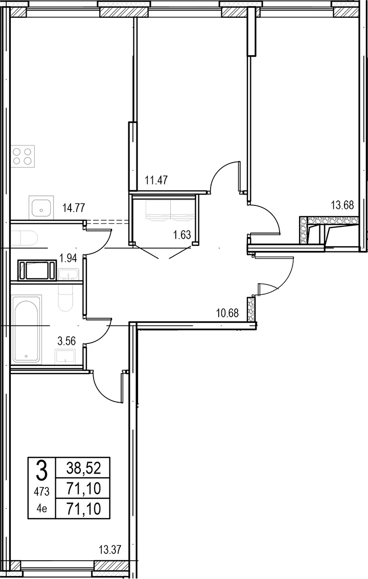 Планировка: Квартира евро-4 71,1 м² в ЖК «ID Murino III»