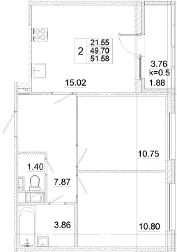 Планировка: Евротрёшка 49,7 м² в ЖК «Аэросити»