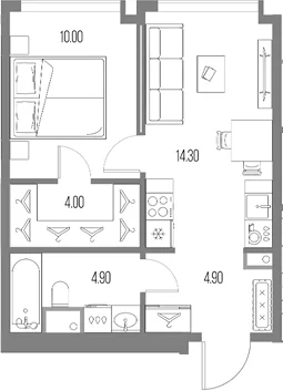 Планировка: 1-комнатная квартира 38,1 м² в ЖК «Северный Порт»