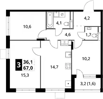 Планировка: 3-комнатная квартира 65,4 м² в ЖК «1-й Саларьевский»