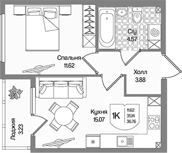 Планировка: 1-комнатная квартира 35,1 м² в ЖК «Охтинские высоты»