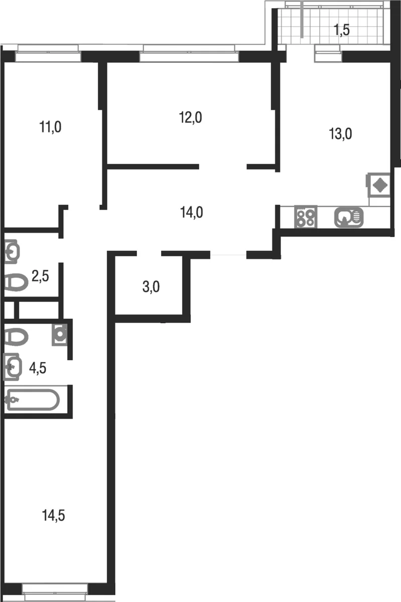 Планировка: 3-комнатная квартира 74,5 м² в ЖК «Котельники парк»