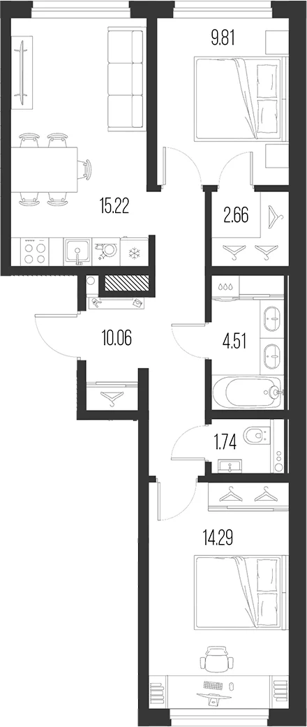 Планировка: Евротрёшка 58,3 м² в ЖК «Новая земля»