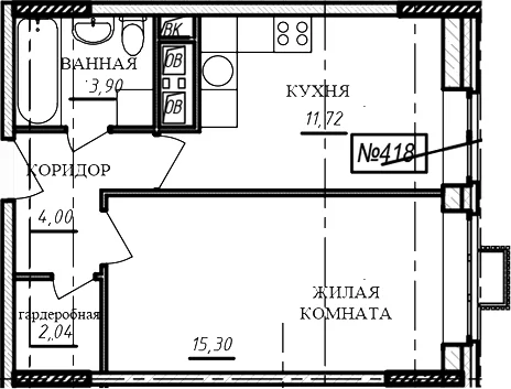 Планировка: 1-комнатная квартира 37 м² в ЖК «Краснофлотский»