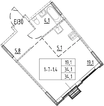 Планировка: 1-комнатная квартира 34,1 м² в ЖК «Ягодное Река Парк»