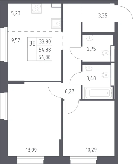 Планировка: Евротрёшка 54,9 м² в ЖК «Квартал Строгино»