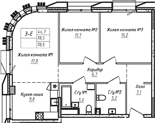 Планировка: Евротрёшка 78,5 м² в ЖК «УНО.Соколиная гора»