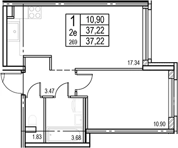 Планировка: Евродвушка 37,2 м² в ЖК «ID Murino III»