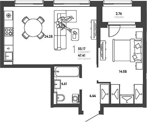 Планировка: 1-комнатная квартира 47,4 м² в ЖК «Страна.Парковая»