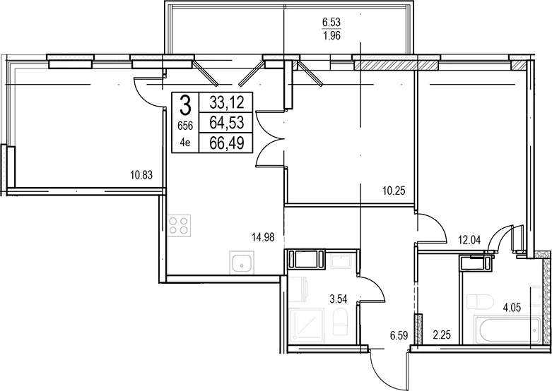 Планировка: Квартира евро-4 64,5 м² в ЖК «ID Murino III»