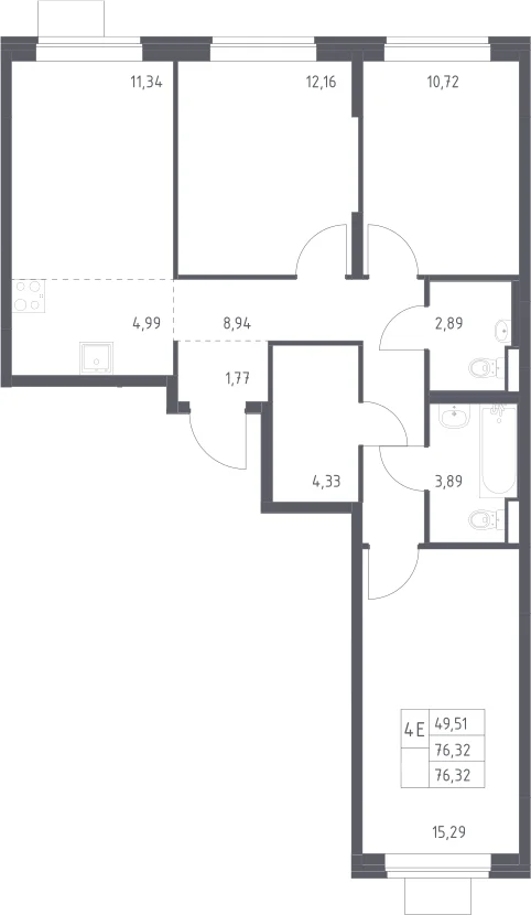 Планировка: Квартира евро-4 76,3 м² в ЖК «Подольские кварталы»