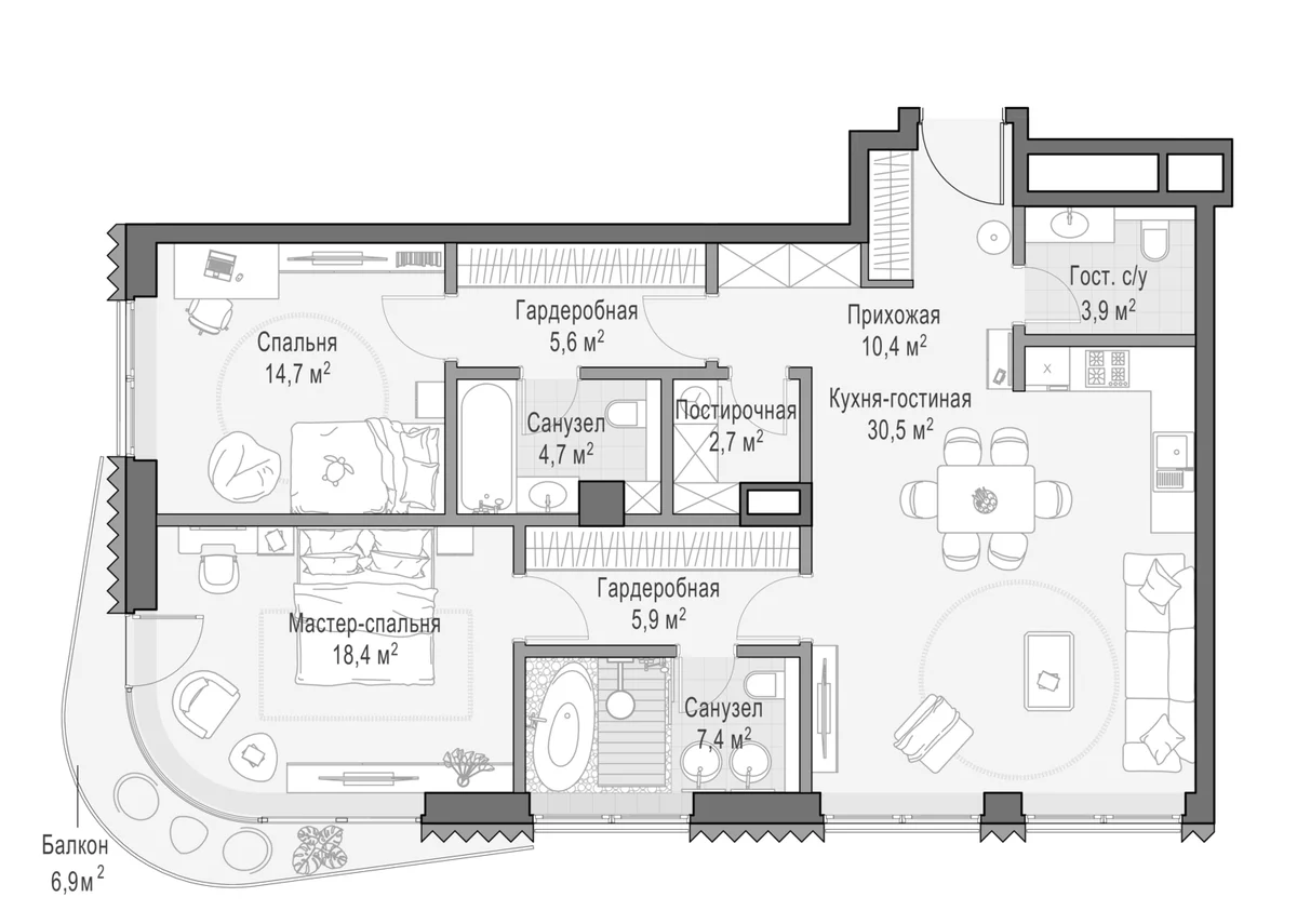 Планировка: 2-комнатная квартира 103,9 м² в ЖК «Дом Лаврушинский»