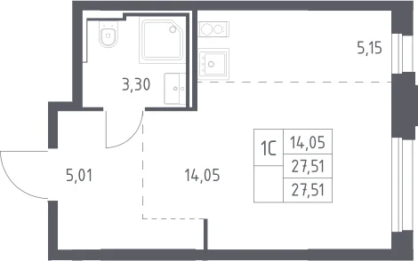 Планировка: Студия 27,5 м² в ЖК «Квартал Строгино»